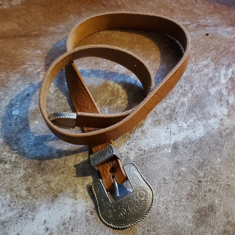 Womans Brown Leather Belt with Silver Buckle